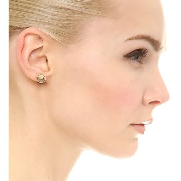 Tory Burch Melodie Pearl Logo Stud Dome Earrings Black/Tory Gold OS - Picture 2 of 13